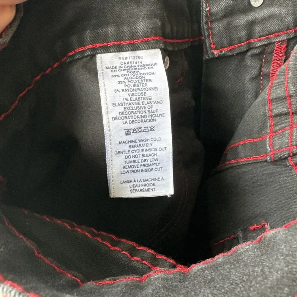 True Religion Ricky Super T Relaxed Straight Jeans Mens 36 Black Red Stitch Flap